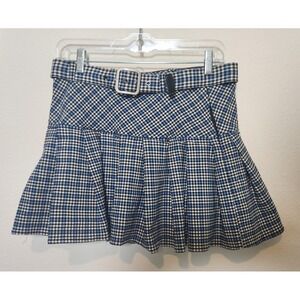 Forever‎ 21 Blue Plaid Academia Pleated Mini Skirt Large Belt Buckle Goth Grunge